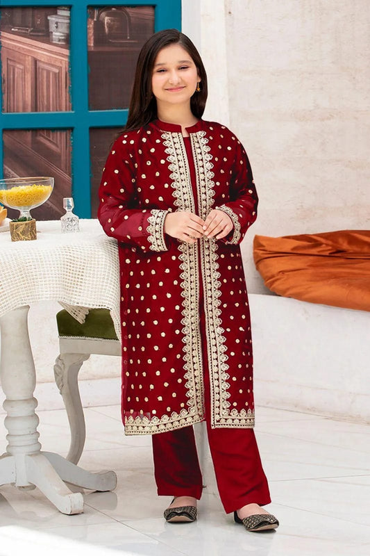 2 Pcs Girl's Shamoz Silk Embroidered Shirt And Shalwar Suit