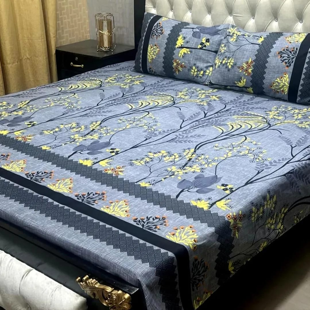 : 3 Pcs Crystal Cotton Printed Double Bedsheet