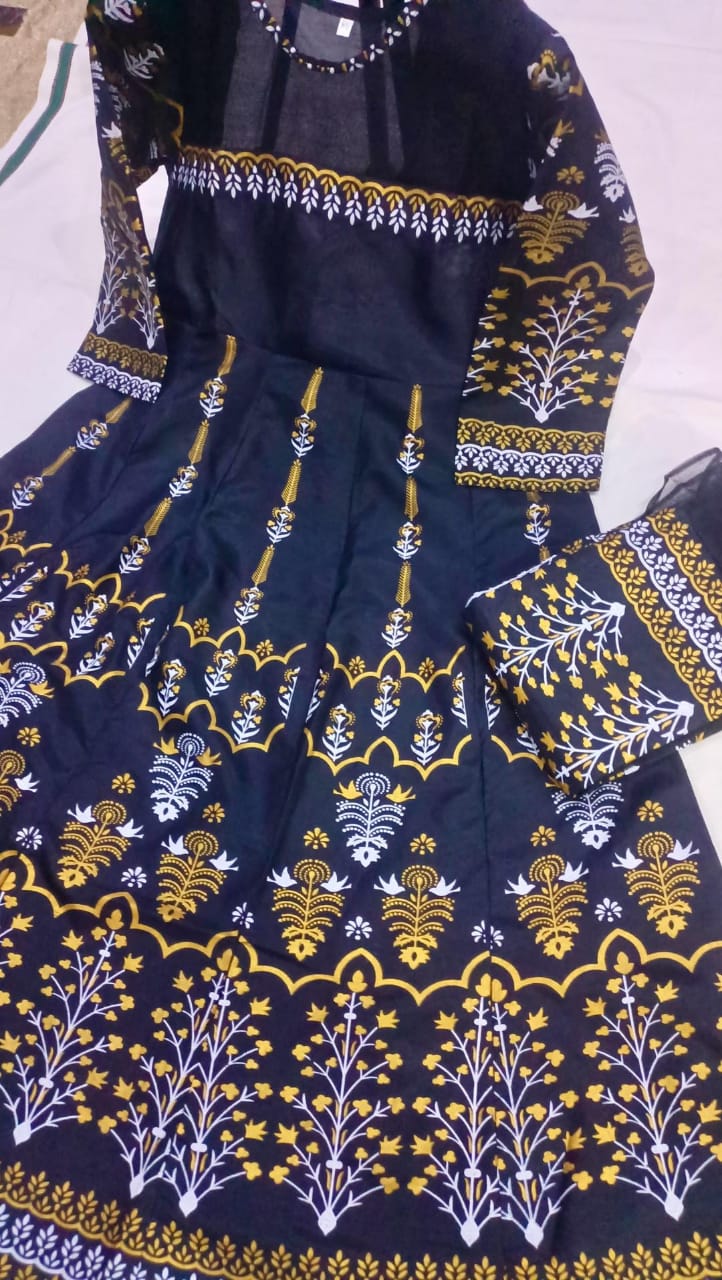 Elegant Teal Katan Silk Block Printed Maxi Suit - 3 Pcs Set