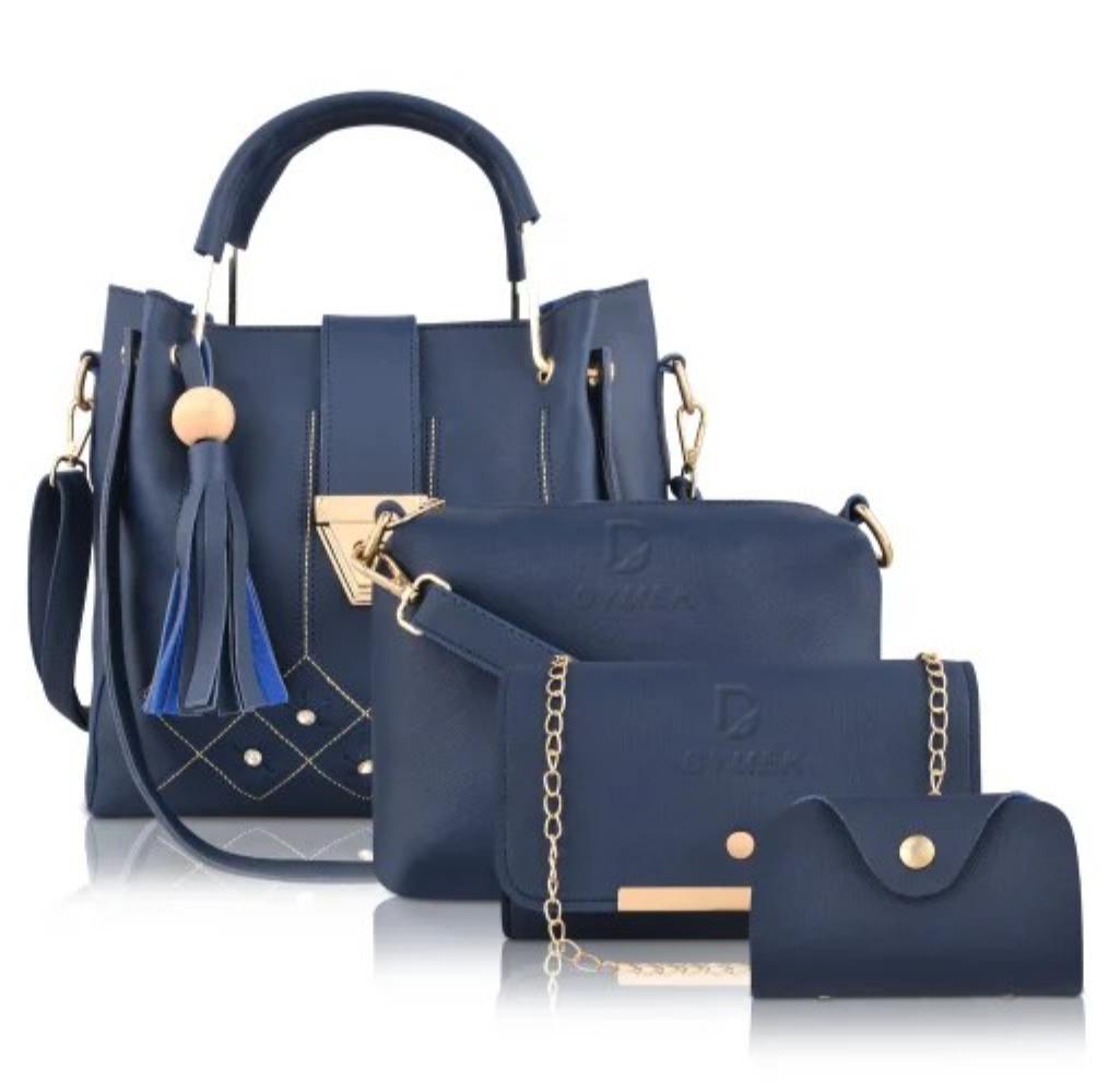: Stylish Blue PU Leather Hand Bag Set - 4 Pcs for Women