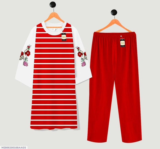 2 Pcs Women's Stitched Printed Sleep Shirt